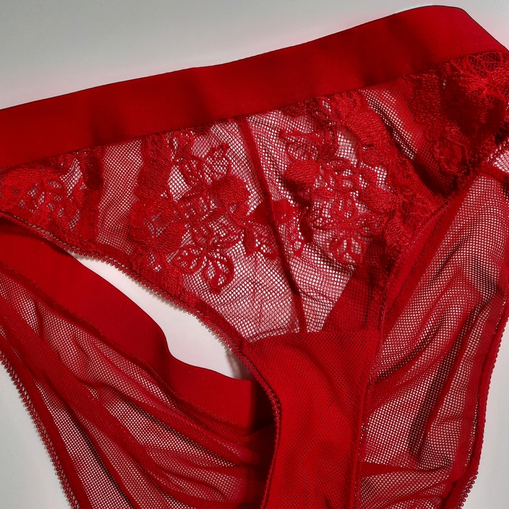 B.tempt'd by Wacoal Opening Act Lace Mesh Cheeky Underwear, Red, NWOT, L